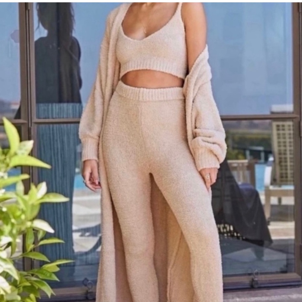 RESA Cozy Beige Knit Lounge 3 Piece Set - Cardigan, Brami & High-Waist Pants